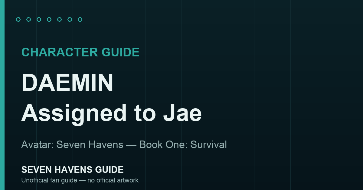 Self-drawn text cover for the Daemin character guide (no official artwork used)